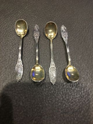 4 Antique Sterling Silver Salt Cellar Spoons Gold Wash Bowl