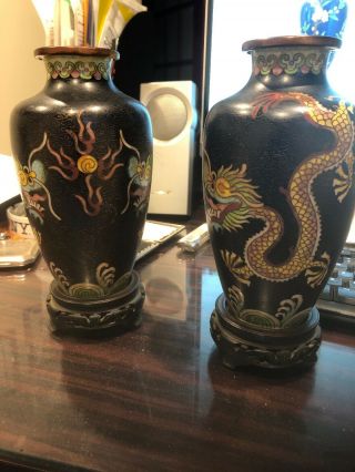 Antique Chinese Cloisonne Vases With Traditional Dragons With Wooden Ped