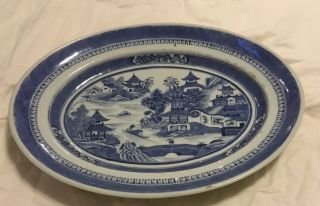 Antique Canton Blue & White Chinese Export 15” X 12” Oval Platter