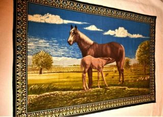 Vintage Velvet Horse Field Landscape Mare & Foal Tapestry Wall Art Hanging 56x39
