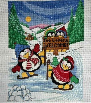 Colorful Christmas Penguins Trees House Finished Completed Wall Art Cross Stitch
