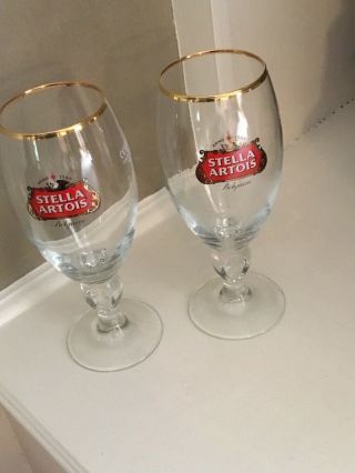 2 - Stella Artois 40cl Gold Rimmed Beer Chalice Glasses