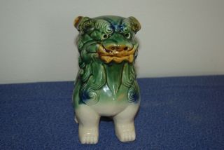 Vintage Chinese Asian Glazed Ceramic Foo Dragon Dog Statue,  Green,  Brown,  White