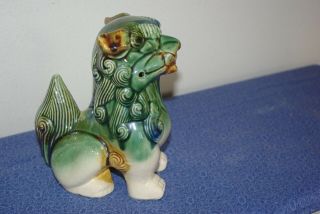 Vintage Chinese Asian Glazed Ceramic Foo Dragon Dog Statue,  Green,  Brown,  White 2