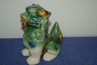 Vintage Chinese Asian Glazed Ceramic Foo Dragon Dog Statue,  Green,  Brown,  White 3