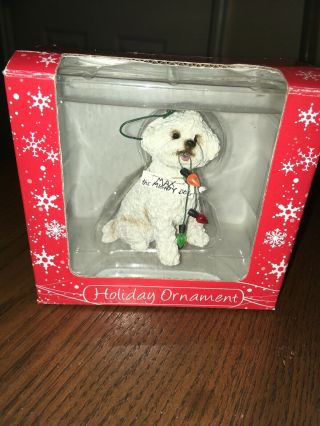 Sandicast Bichon White,  Sitting,  Holding Holiday Lights - Ornament