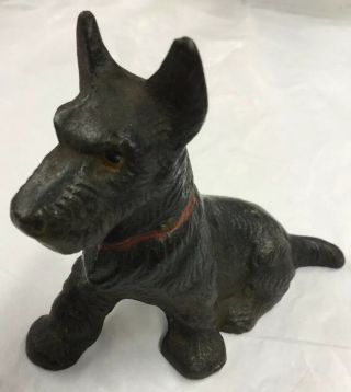 Vintage Cast Iron Black Scottie Scottish Terrier Dog With Red Collar