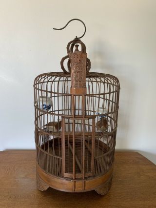 Chinese Antique Bamboo Bird Cage With Two Glass Food Bowls.  Early 1900’s