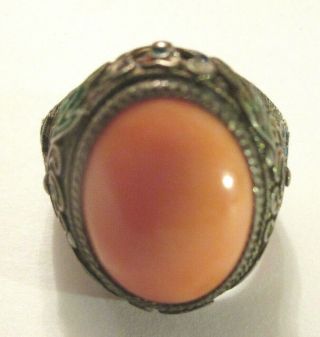 Vintage Chinese Export Sterling Silver Natural Red Salmon Coral Ring