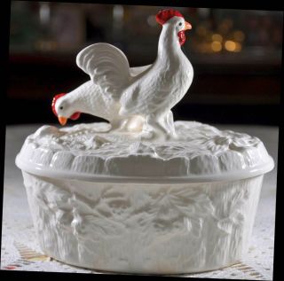Vintage Ceramic Chicken Hen & Rooster Covered Casserole Serving Dish Oval 2
