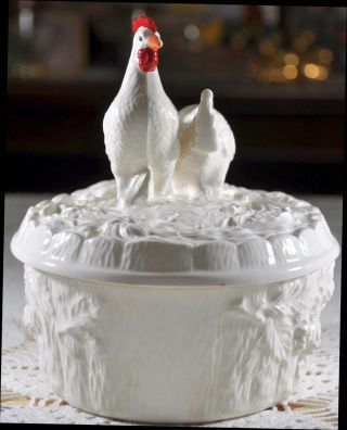 Vintage Ceramic Chicken Hen & Rooster Covered Casserole Serving Dish Oval 5