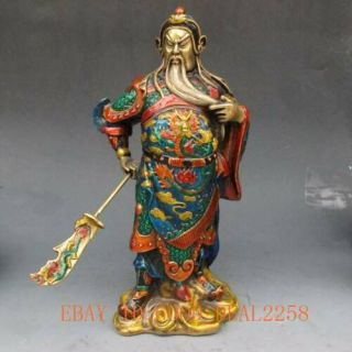 9.  2 Inch Brass Cloisonne Handwork Carved Guan Gong Statue W Qianlong Mark
