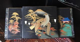 Antique Black Lacquer Japanese Jewelry/ Music Box Falcon/ Mt Fugi Abalone Inlay