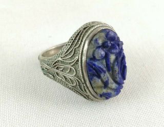 Antique Chinese Export Silver Filigree Carved Lapis Lazuli Ring Adjustable Size