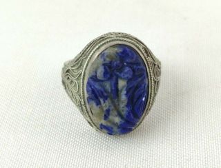 Antique Chinese Export Silver Filigree Carved Lapis Lazuli Ring Adjustable Size 2