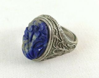 Antique Chinese Export Silver Filigree Carved Lapis Lazuli Ring Adjustable Size 3