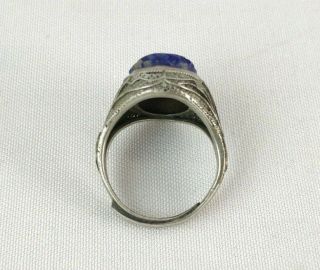 Antique Chinese Export Silver Filigree Carved Lapis Lazuli Ring Adjustable Size 4
