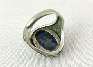 Antique Chinese Export Silver Filigree Carved Lapis Lazuli Ring Adjustable Size 5