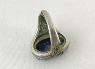 Antique Chinese Export Silver Filigree Carved Lapis Lazuli Ring Adjustable Size 7