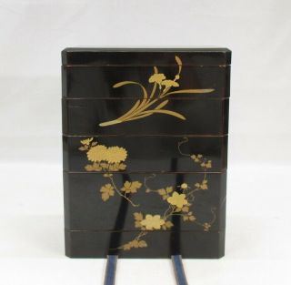 G467: Japanese tier of really old lacquered boxes JUBAKO with flower MAKIE 2