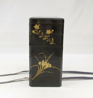 G467: Japanese tier of really old lacquered boxes JUBAKO with flower MAKIE 6