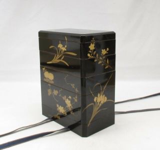 G467: Japanese tier of really old lacquered boxes JUBAKO with flower MAKIE 7