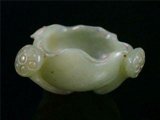 Fine Old Chinese Celadon Nephrite Jade Brush Washer Statue Lotus Auspicious