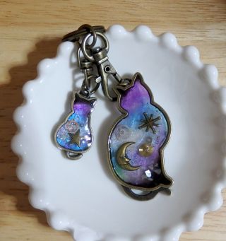 Handmade Accesory Lovely Space Parent And Child Cat Keyring Japan