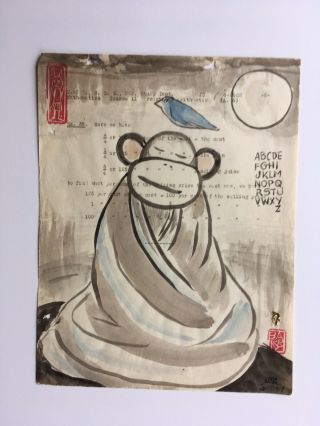 Lynda Barry Meditating Monkey With Blue Bird Art Signed Stamped On Found Paper