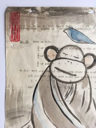 LYNDA BARRY Meditating Monkey with blue bird art signed stamped on found paper 3