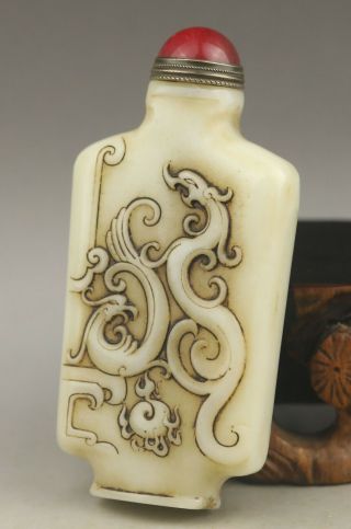 Chinese Natural Hetian Jade Hand - Carved Dragon And Phenix Snuff Bottle