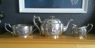 Antiquie James Dixon & Co.  Silver Plated Tea Pot With Cream Jug & Sugar Bowl.