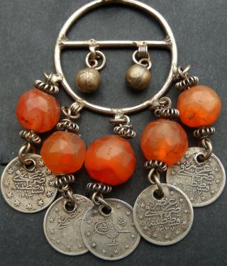 Antique Turkish Solid Silver,  White Metal And Carnelian Necklace C1920