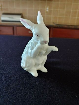 Vintage White Easter Bunny Rabbit Porcelain Figurine Collectible Pink Details
