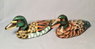 2 Hand Painted Carved Wood Decoy Ducks Folk Art Figurines 6 " Glass Eyes ?
