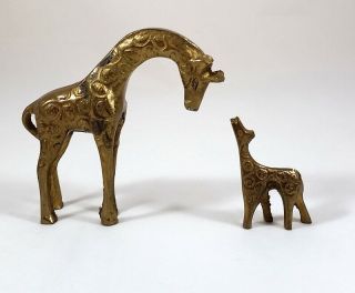 Miniature Vintage Solid Brass Mother And Baby Giraffe Figurine Made In India