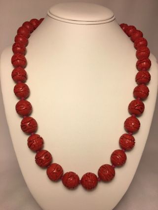 Vintage Antique Chinese Carved Lotus Cinnabar Hand Knotted Bead 24” Necklace