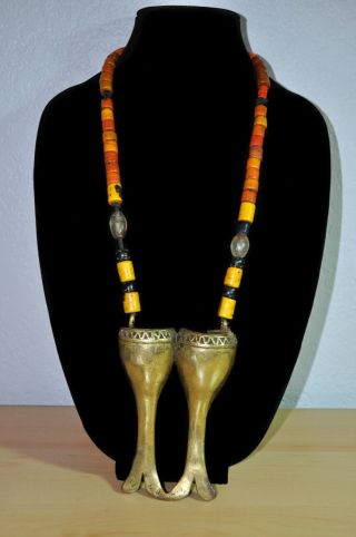 Nagaland Vintage Necklace From Before 1980 With Two Brass Drums And Glass Beads