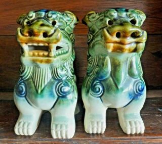 Chinese Oriental Foo Lion Dogs Green Blue Glaze Feng Shui Guardians Of The Home