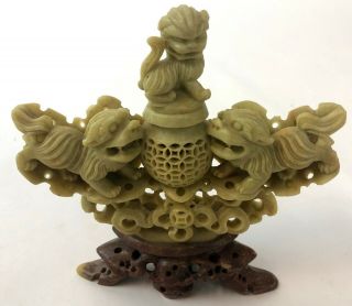 Vintage 6 " Complete Green Carved Soapstone Stone Foo Dog Shi 石獅 Snuff Jar Statue