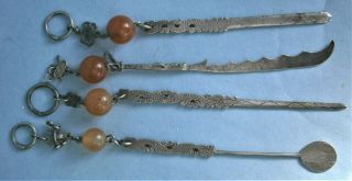 Antique Sterling Silver And Carnelian Opium Tools From The Early 1900 