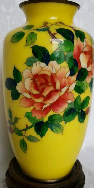 19th Century Japanese Cloisonné SATO ROSES YELLOW GINBARI Vase w/ Wood Stand 2
