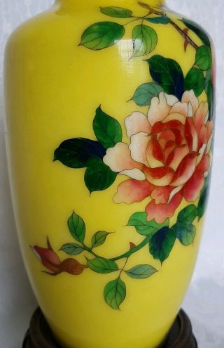 19th Century Japanese Cloisonné SATO ROSES YELLOW GINBARI Vase w/ Wood Stand 3
