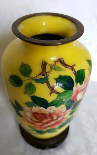19th Century Japanese Cloisonné SATO ROSES YELLOW GINBARI Vase w/ Wood Stand 5