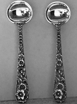 Antique Sterling Silver S.  Kirk & Son Repousse 3 " Salt Spoon Set Of 2
