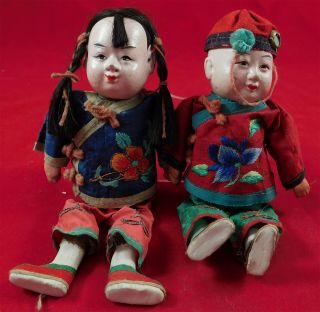 Antique Chinese Manchu Composition Boy Girl Dolls Pair Silk Embroidered Robe Vtg