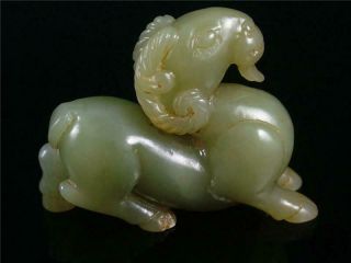 Fine Old Chinese Nephrite Celadon Jade Carved Statue Toggle Auspicious Sheep