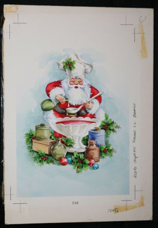 Santa Claus Chef 1960s Christmas Greeting Card Painted Art