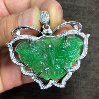 Collectible Chinese Handwork S925 Silver & Green Jadeite Jade Butterfly Pendant