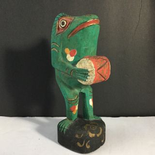 Vintage Folk Art Carved Painted Wood Frog With Drum Fun Quirky 7”
